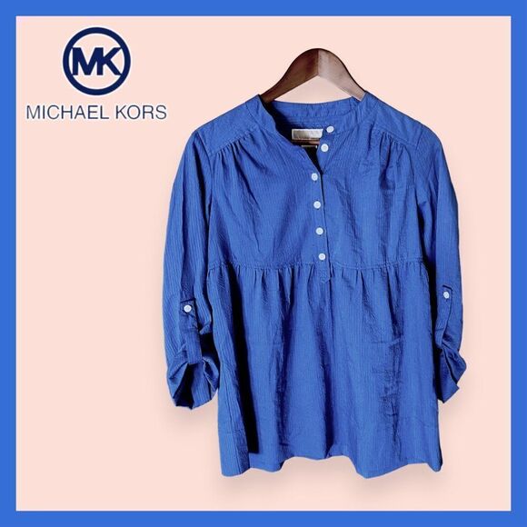 MICHAEL Michael Kors Women's M Roll-tab Sleeve Button Decolletage Seersucker Top - Picture 1 of 4